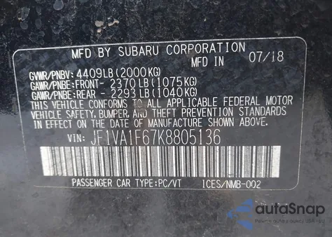 2019 Subaru Wrx Premium из США, поврежденный, VIN JF1VA1F67K8805136